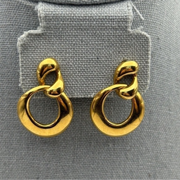 Vintage Napier Quality Rich Gold Tone Stud Round Curved Dangle Hoops - Picture 2 of 7